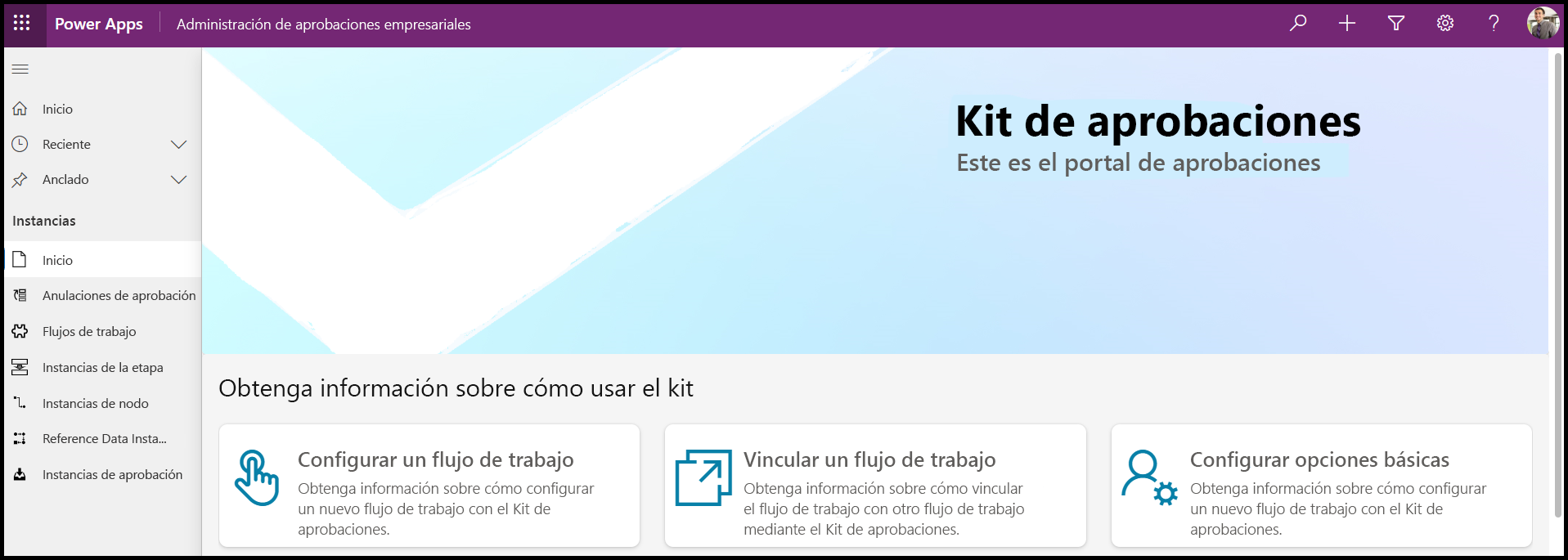 Captura de pantalla de la pantalla de inicio del kit de aprobaciones