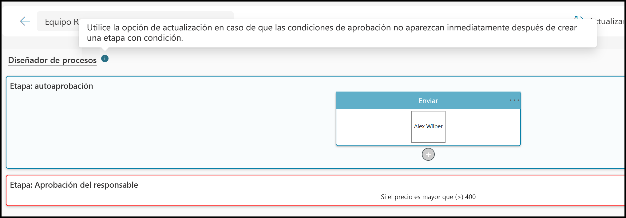 Captura de pantalla con la actualización del diseñador de procesos
