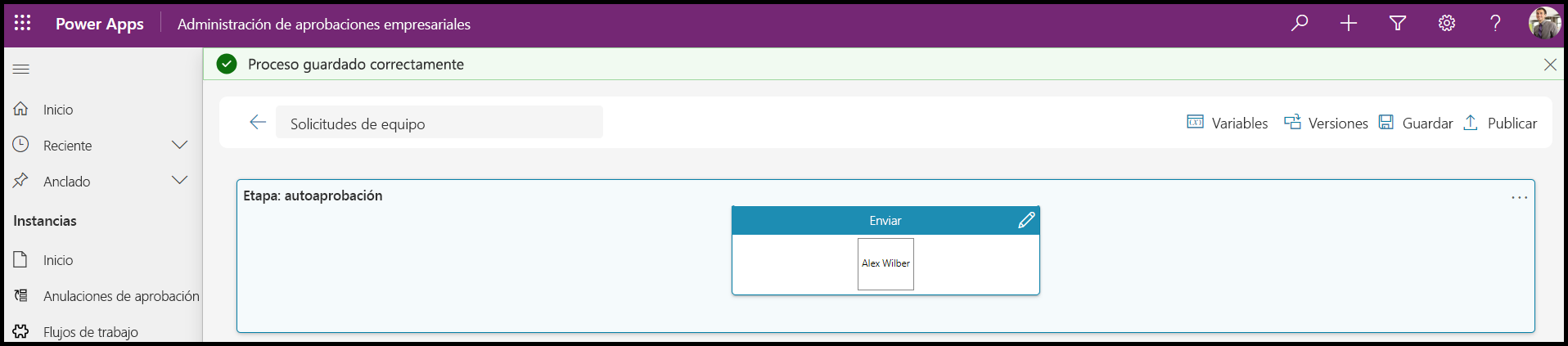Captura de pantalla del proceso de flujo de trabajo del kit de aprobaciones guardado correctamente