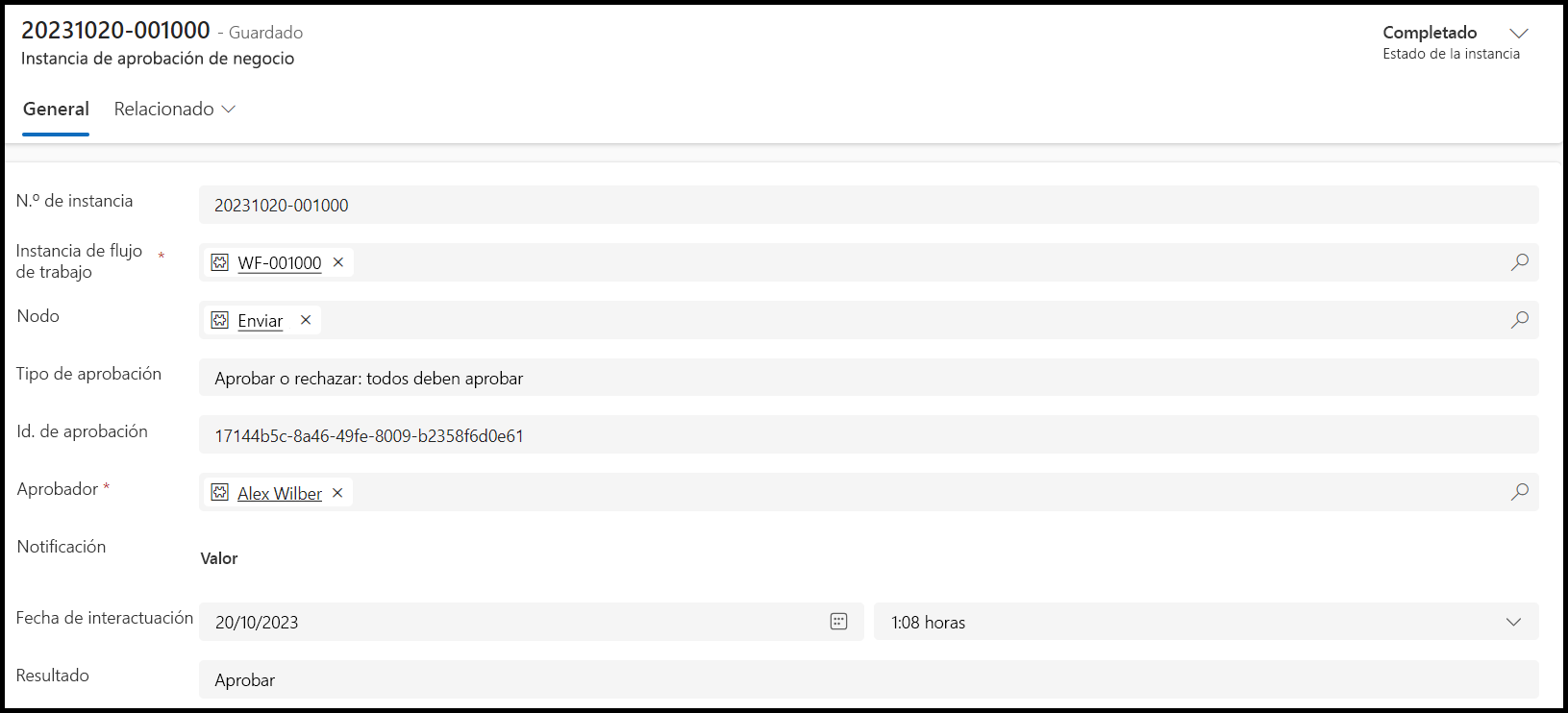 Captura de pantalla con la vista de detalles de instancias de aprobación empresarial