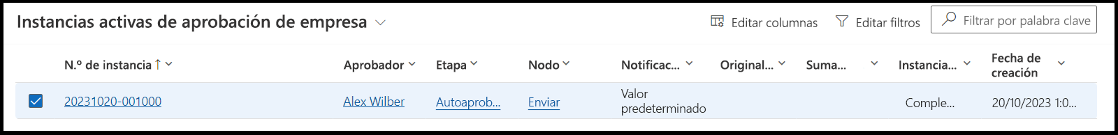 Captura de pantalla con la vista de instancias activas de aprobación empresarial