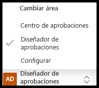 Captura de pantalla con el inicio de la aplicación Gestión de aprobaciones empresariales y el cambio al diseñador de aprobaciones