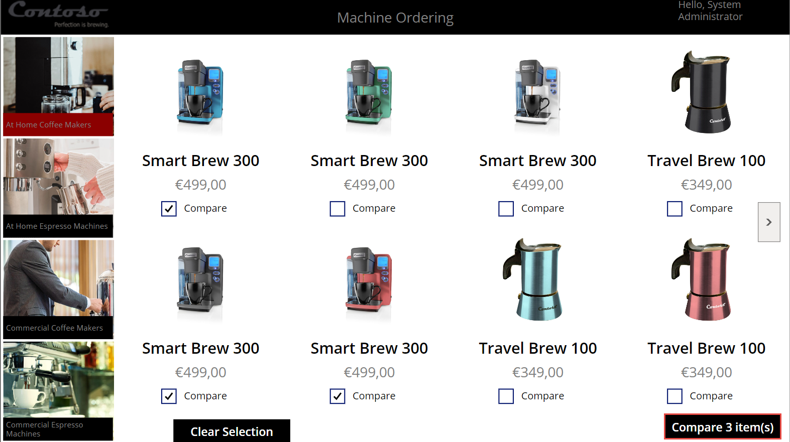 Captura de pantalla de la aplicación Contoso Coffee Machine Ordering, con algunas máquinas seleccionadas