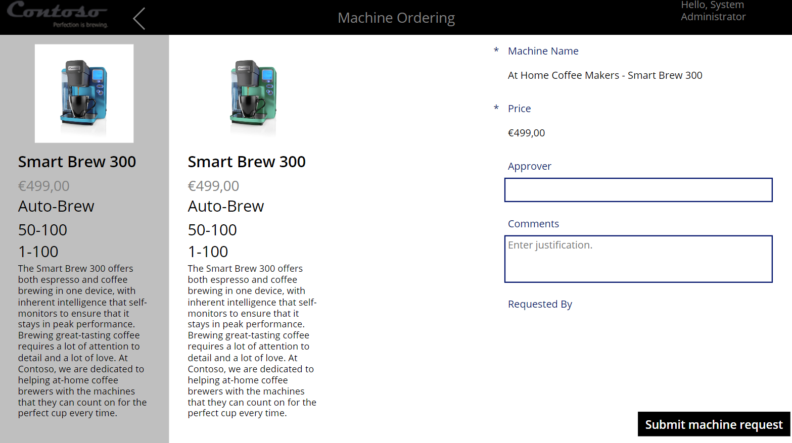 Captura de pantalla de la aplicación Contoso Coffee Machine Ordering, con el botón Enviar máquina resaltado