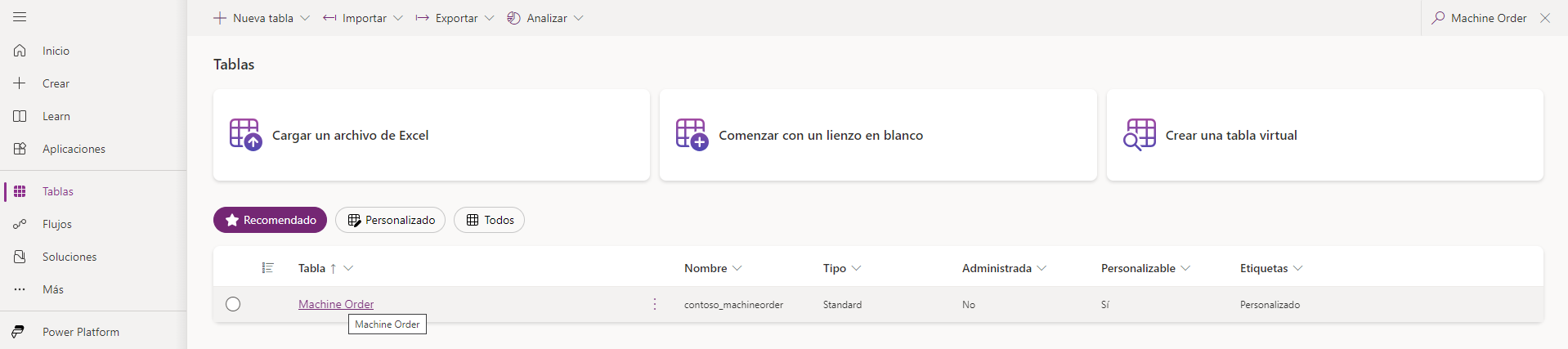 Captura de pantalla de la tabla Machine Order seleccionada en la sección Tablas