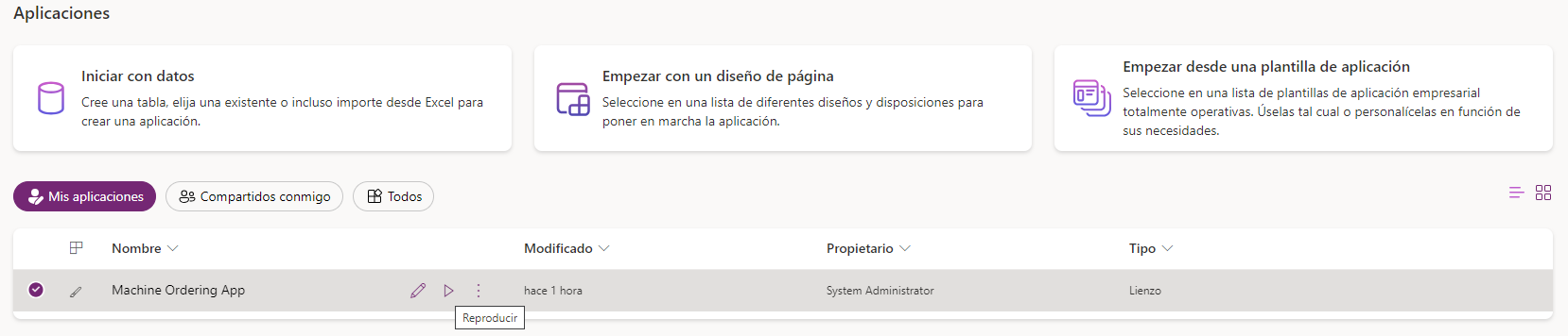 Captura de pantalla con la selección de la aplicación Machine Ordering en la pantalla de aplicaciones de Power Apps