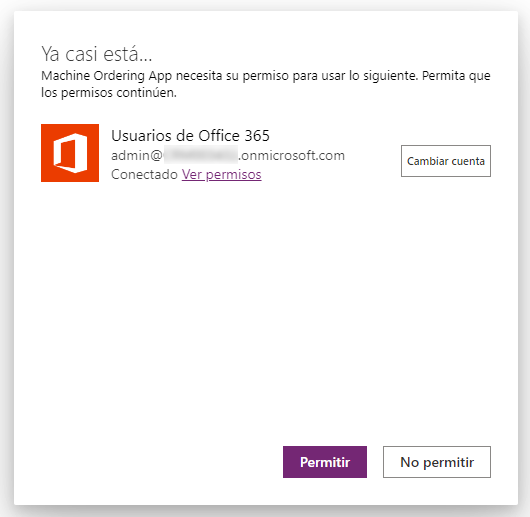Captura de pantalla con el cuadro de diálogo de consentimiento del conector de usuarios en Microsoft Power Platform Office 365
