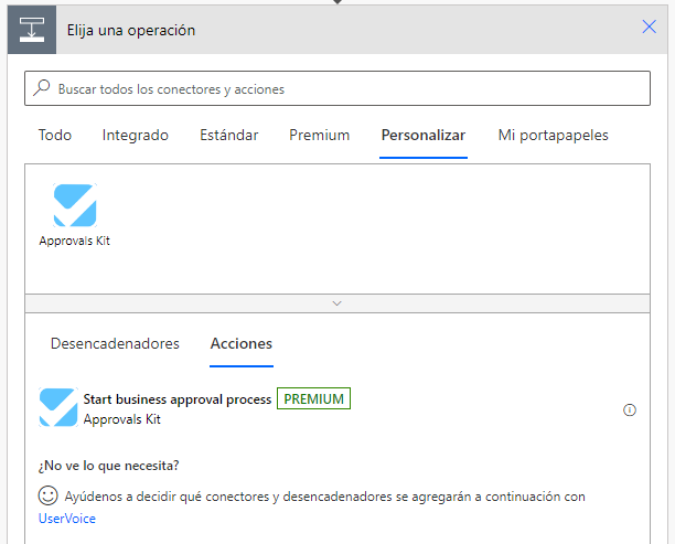 Captura de pantalla con el momento en el que se agrega el proceso de aprobaciones empresariales con el kit de aprobaciones en un flujo de nube de Power Automate
