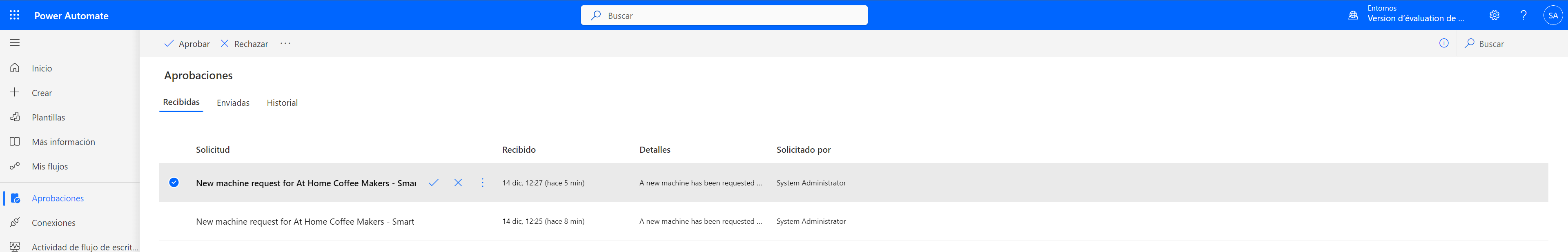 Captura de pantalla con la selección de una aprobación en el portal de Power Automate