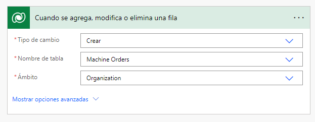 Captura de pantalla del desencadenador de Power Automate Dataverse cuando se agrega Machine Order
