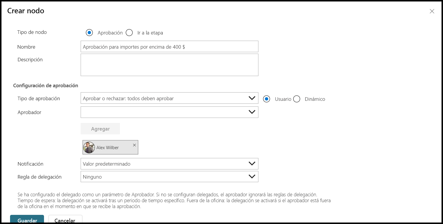Captura de pantalla del cuadro de diálogo Crear nodo, con la información introducida