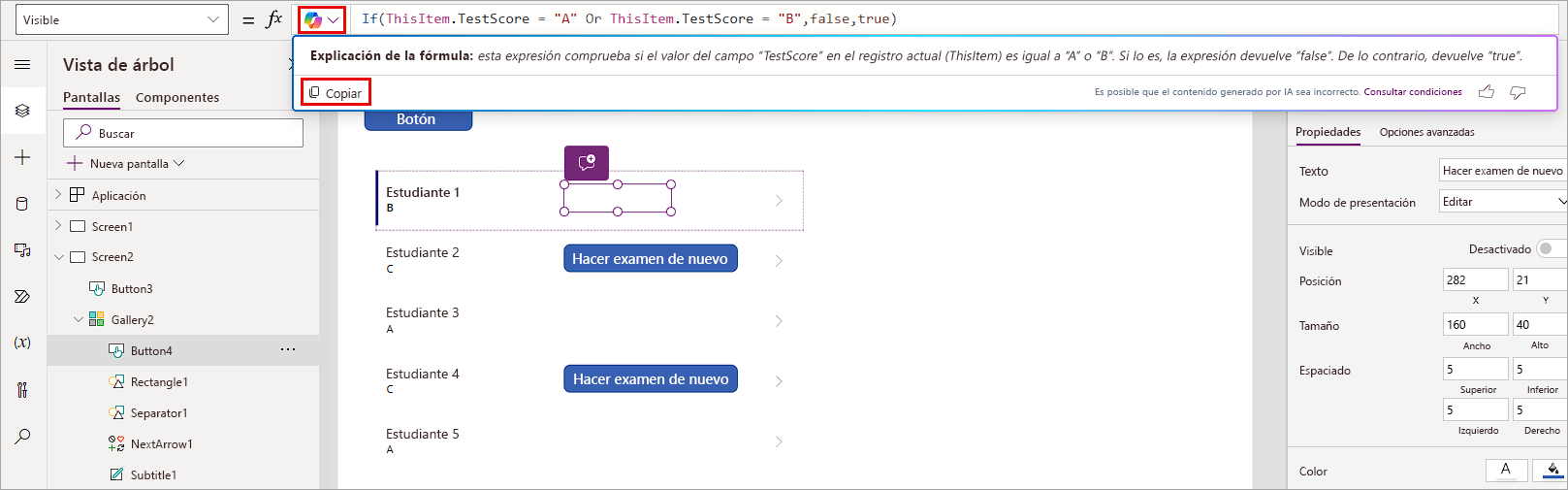 Captura de pantalla con el botón para Retake Test (solo se mostrará con calificaciones que no sean A o B)