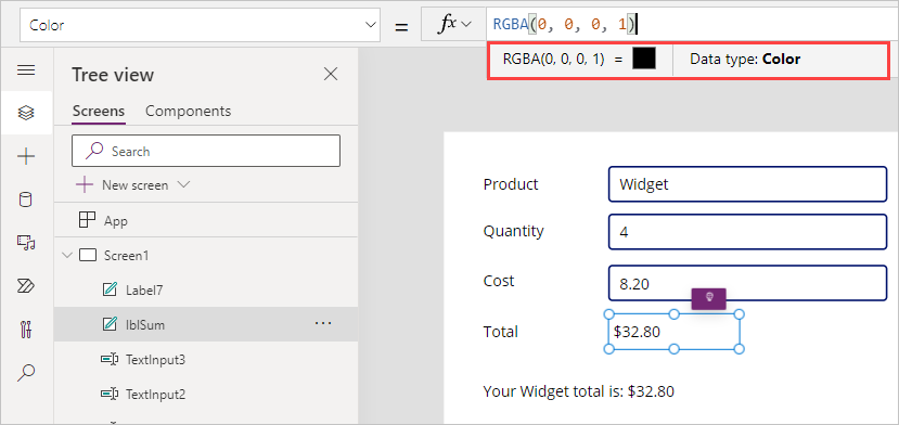 Captura de pantalla del valor de Color de lblSum resaltando el valor RGBA y el Data type de Color
