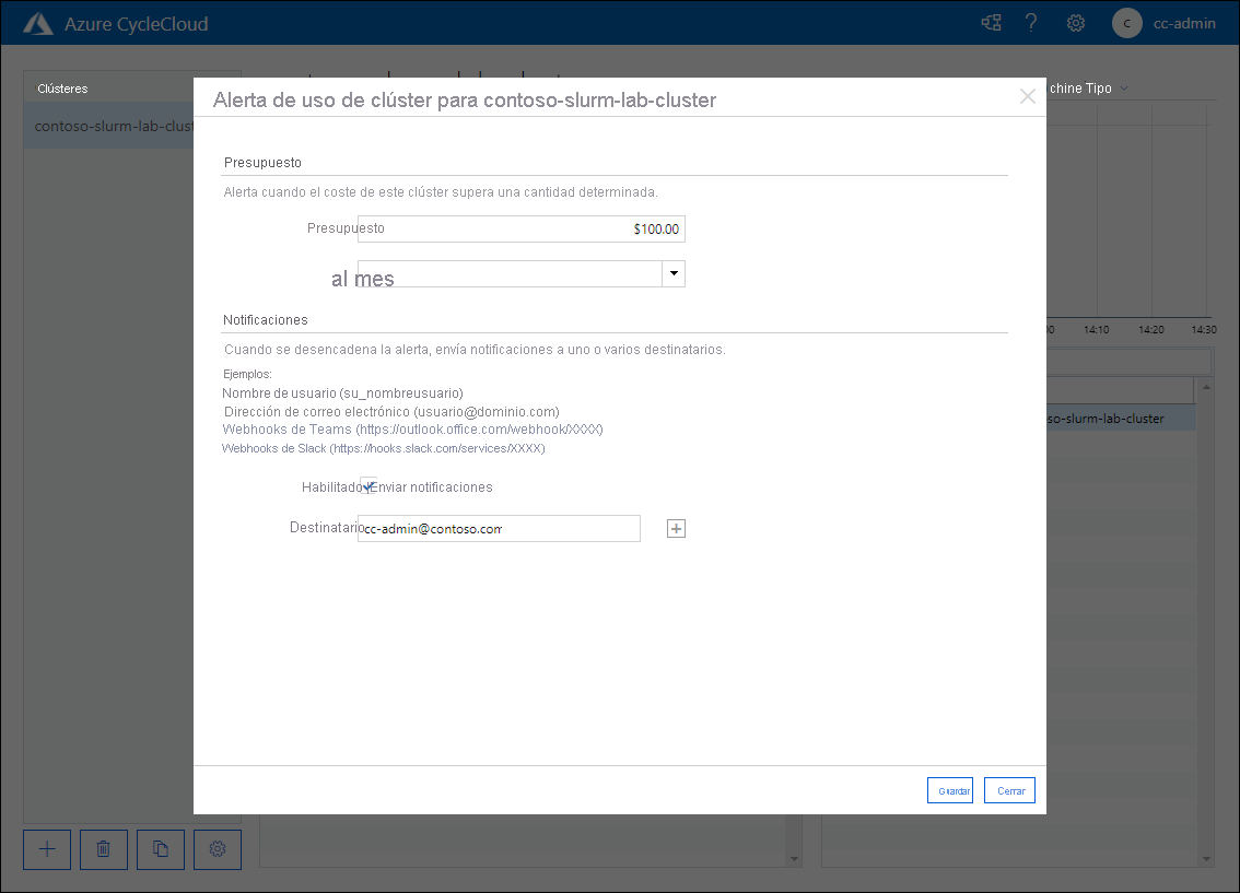 Captura de pantalla que muestra la ventana emergente Cluster usage alert for contoso-slurm-lab-cluster (Alerta de uso del clúster para contoso-slurm-lab-cluster) en la aplicación web Azure CycleCloud.