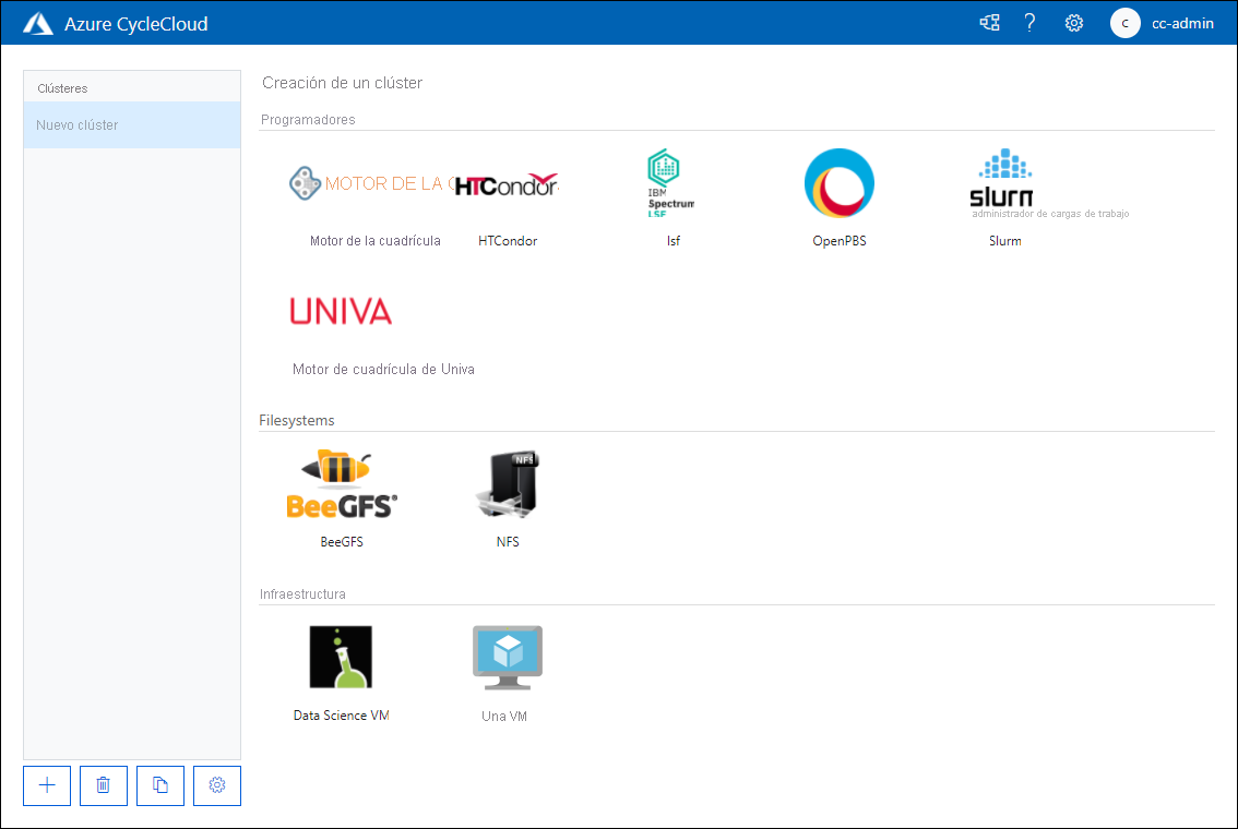 Captura de pantalla que muestra la página Create a New Cluster (Crear un clúster) de la aplicación web de Azure CycleCloud.