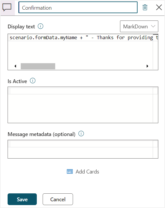 Screenshot of the statement renamed to Confirmation and the Display text box filled in.