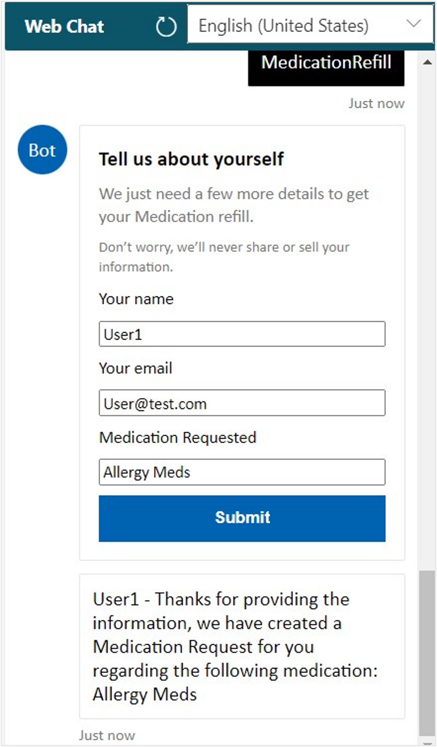 Screenshot of the Tell us about yourself window, showing the fields populated and the return statement from the bot.