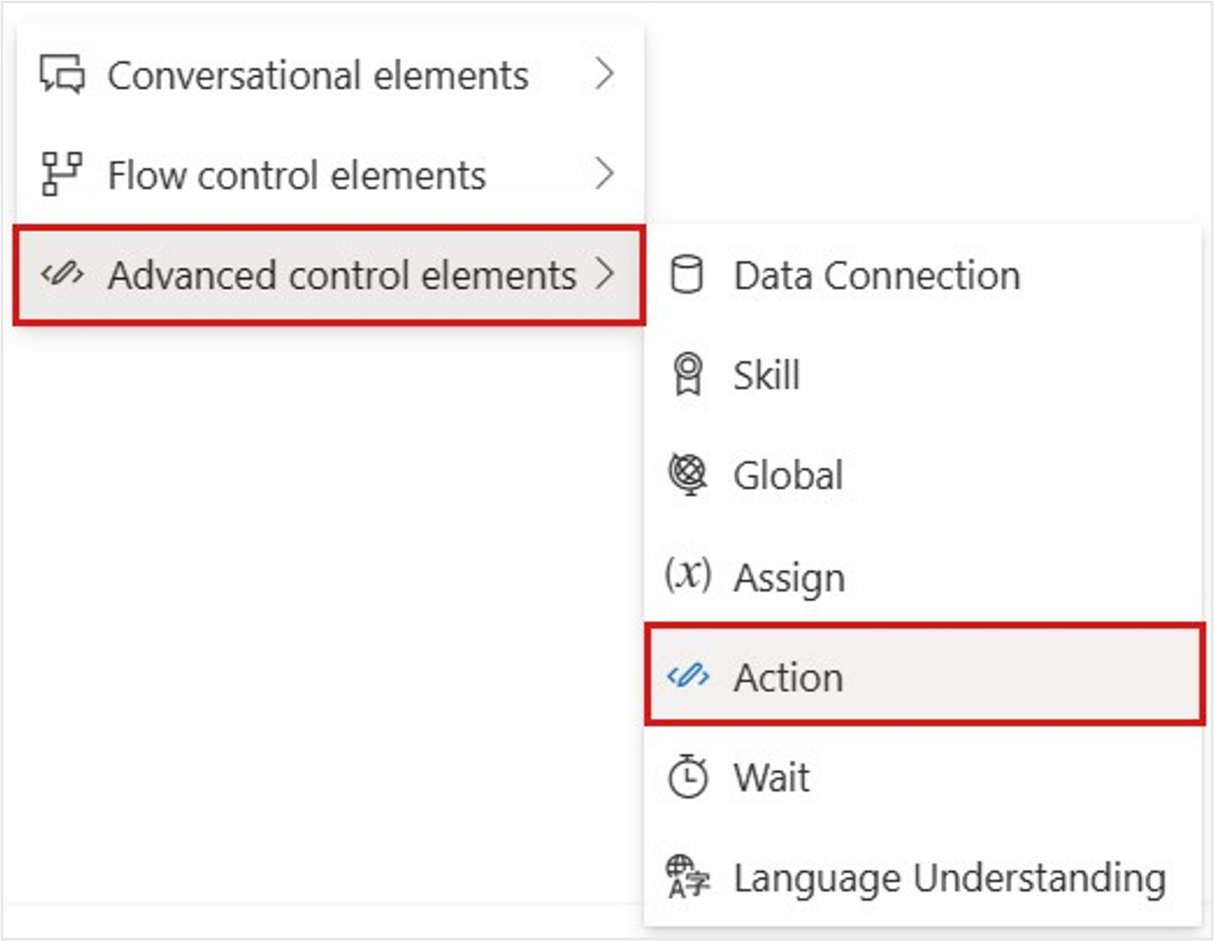 Screenshot of the Action element selected under the Advanced control elements menu.