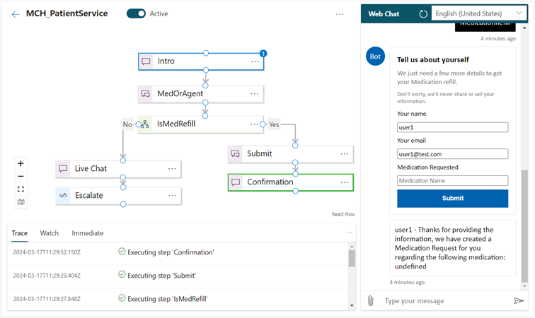 Screenshot of the M C H Patient Service full scenario with all branches connected.