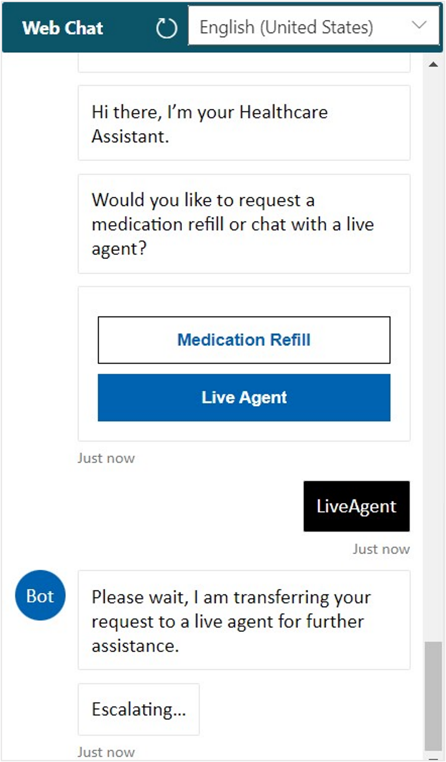 Screenshot of the Web Chat Live Agent transfer bot escalation action.