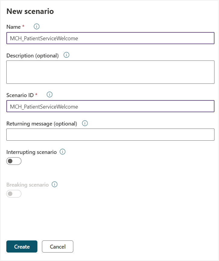 Screenshot of New Scenario details including Name, Description, Scenario ID, Returning message, and Interrupting scenario fields.