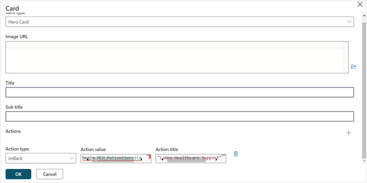 Screenshot of the Card window with Action type, Action value, and Action title fields completed for the action.