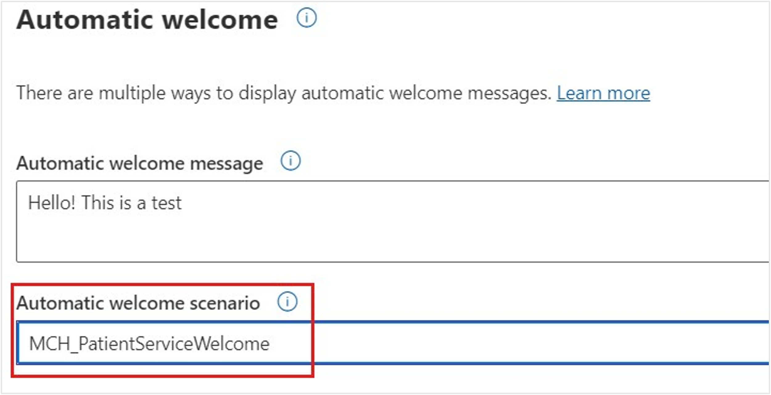 Screenshot of the Automatic welcome scenario selected on the Interactions tab.