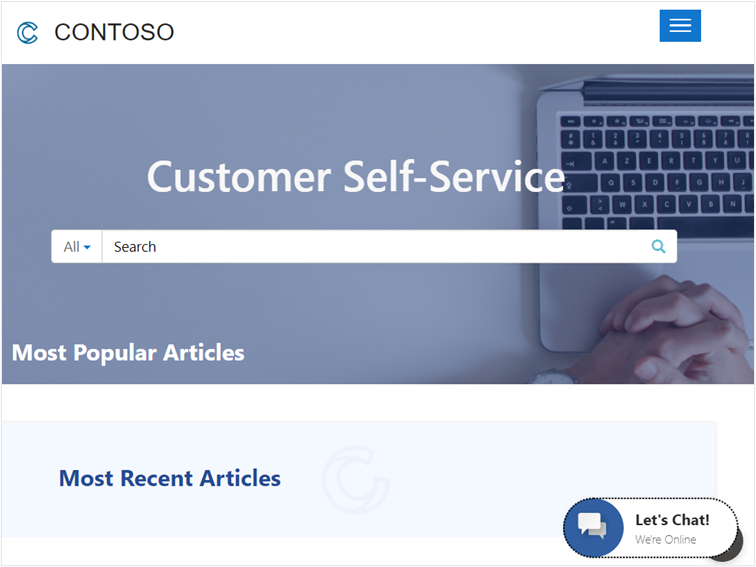Screenshot of the Customer self-service portal with the Let's Chat button in the lower right.