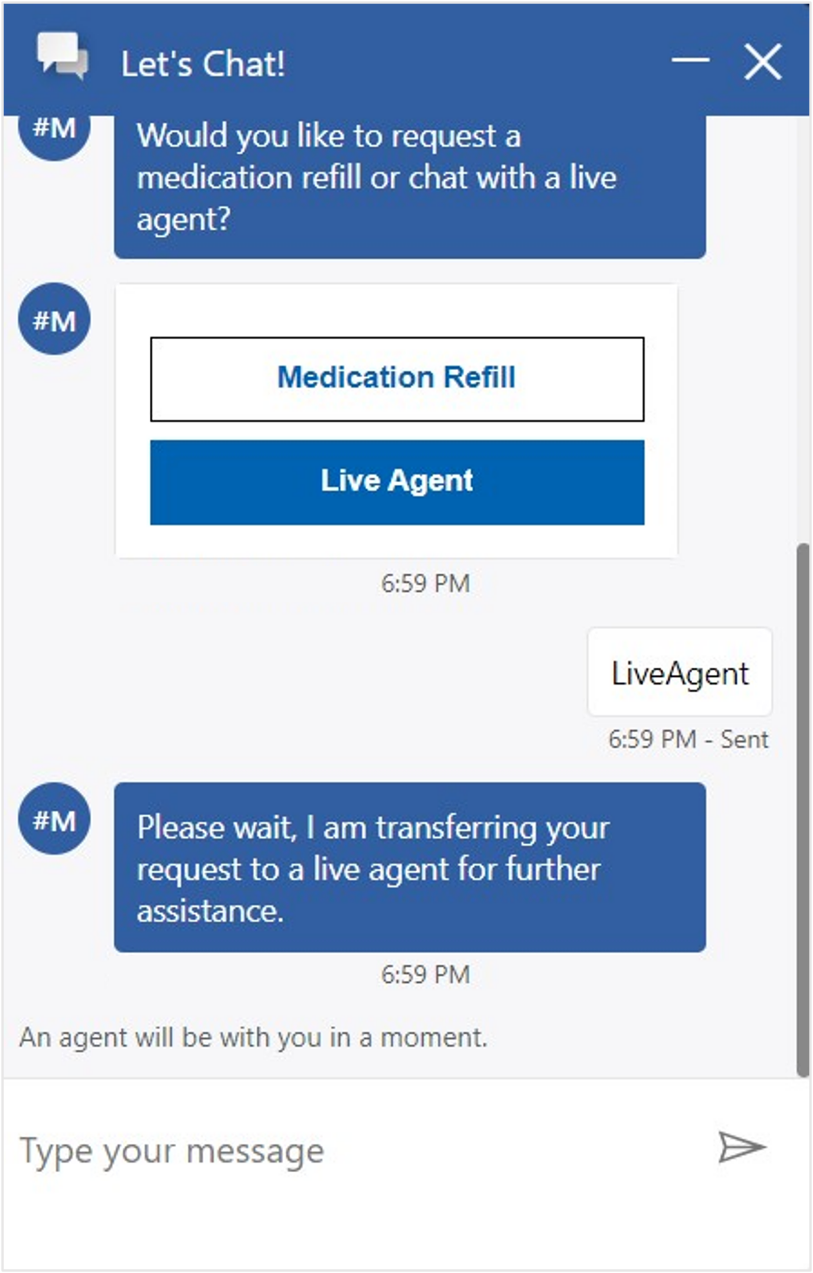 Screenshot of the Let's Chat dialog with Medication Refill and Live Agent options.