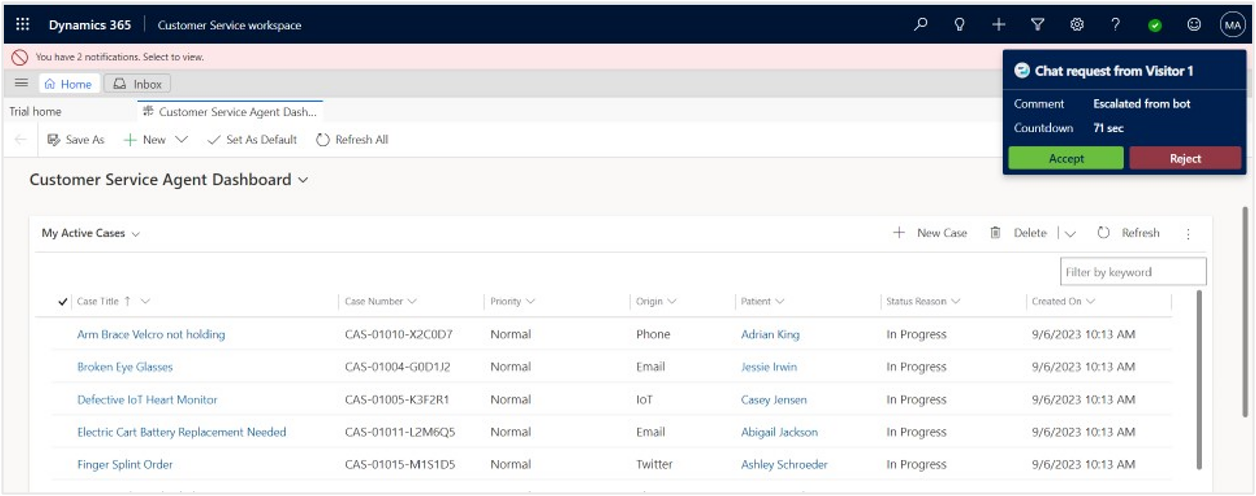 Screenshot of the Chat request window displaying the Accept and Reject buttons.