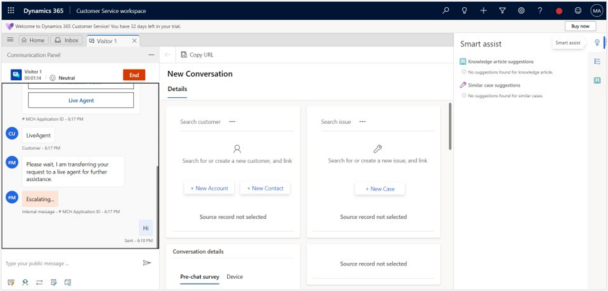Screenshot of the Live Chat customer conversation in the Dynamics 365 Customer Service workspace.