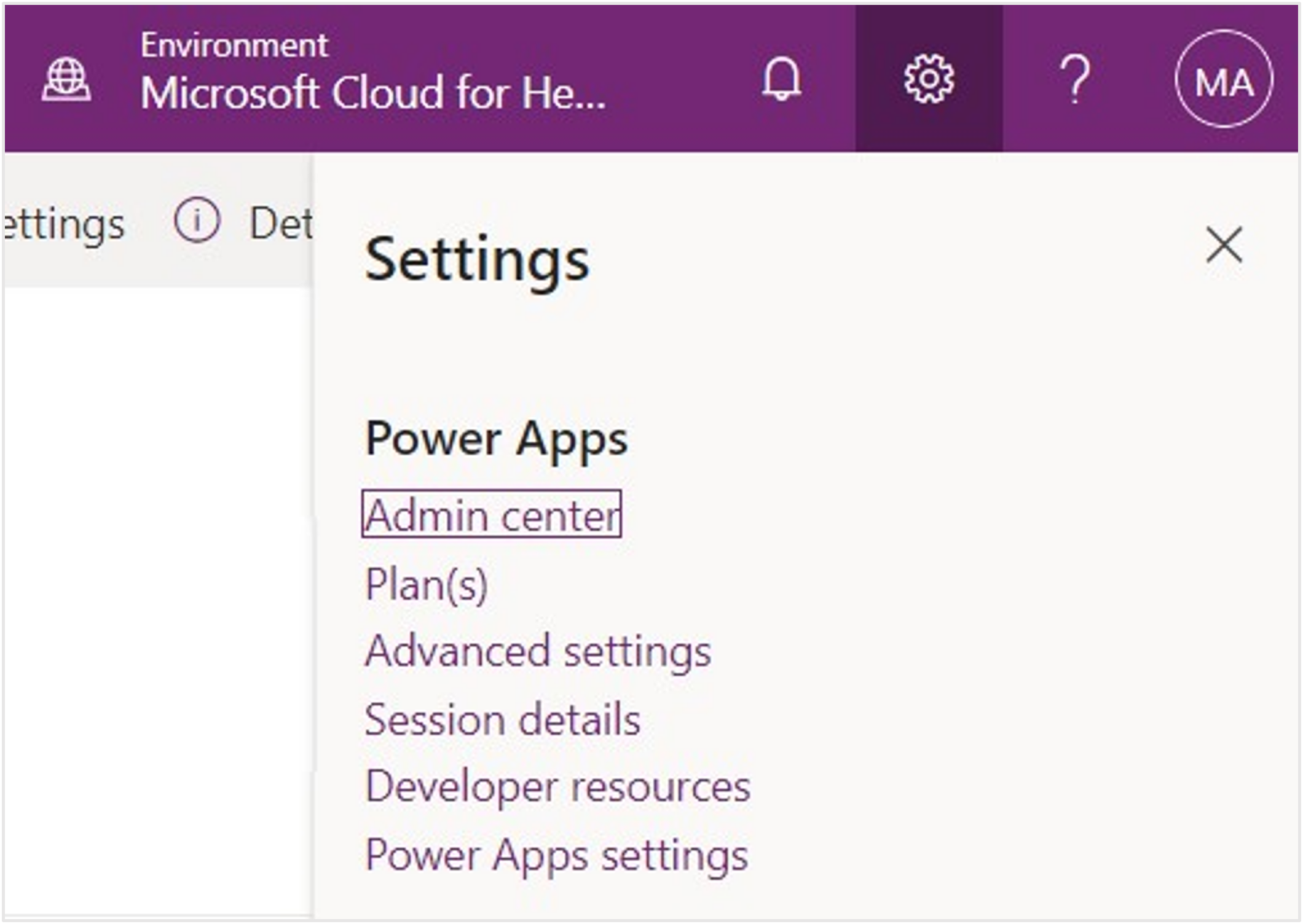 Screenshot of the environment Settings menu with Advanced settings selected.