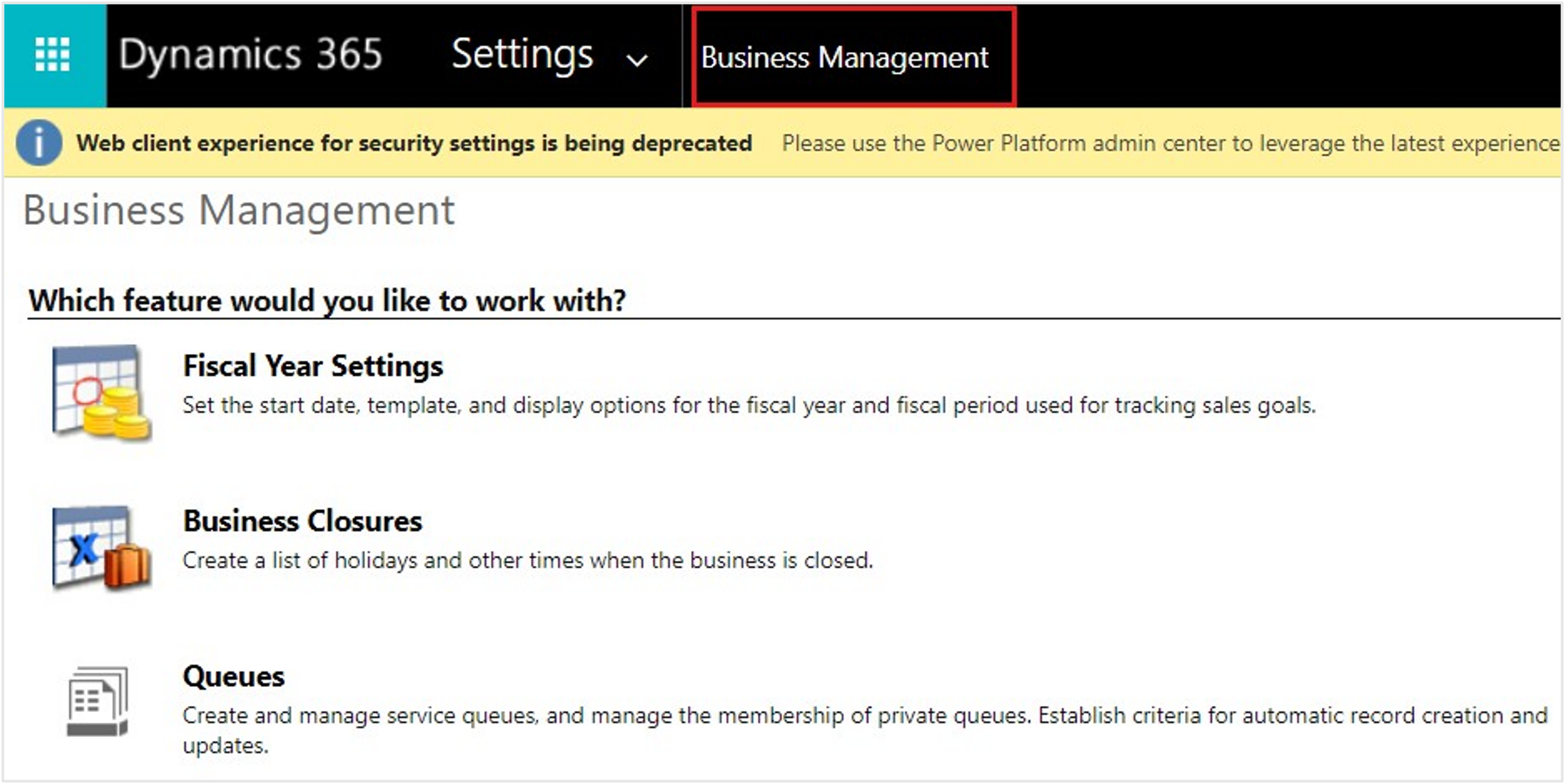 Screenshot of the Dynamics 365 Business Management section.