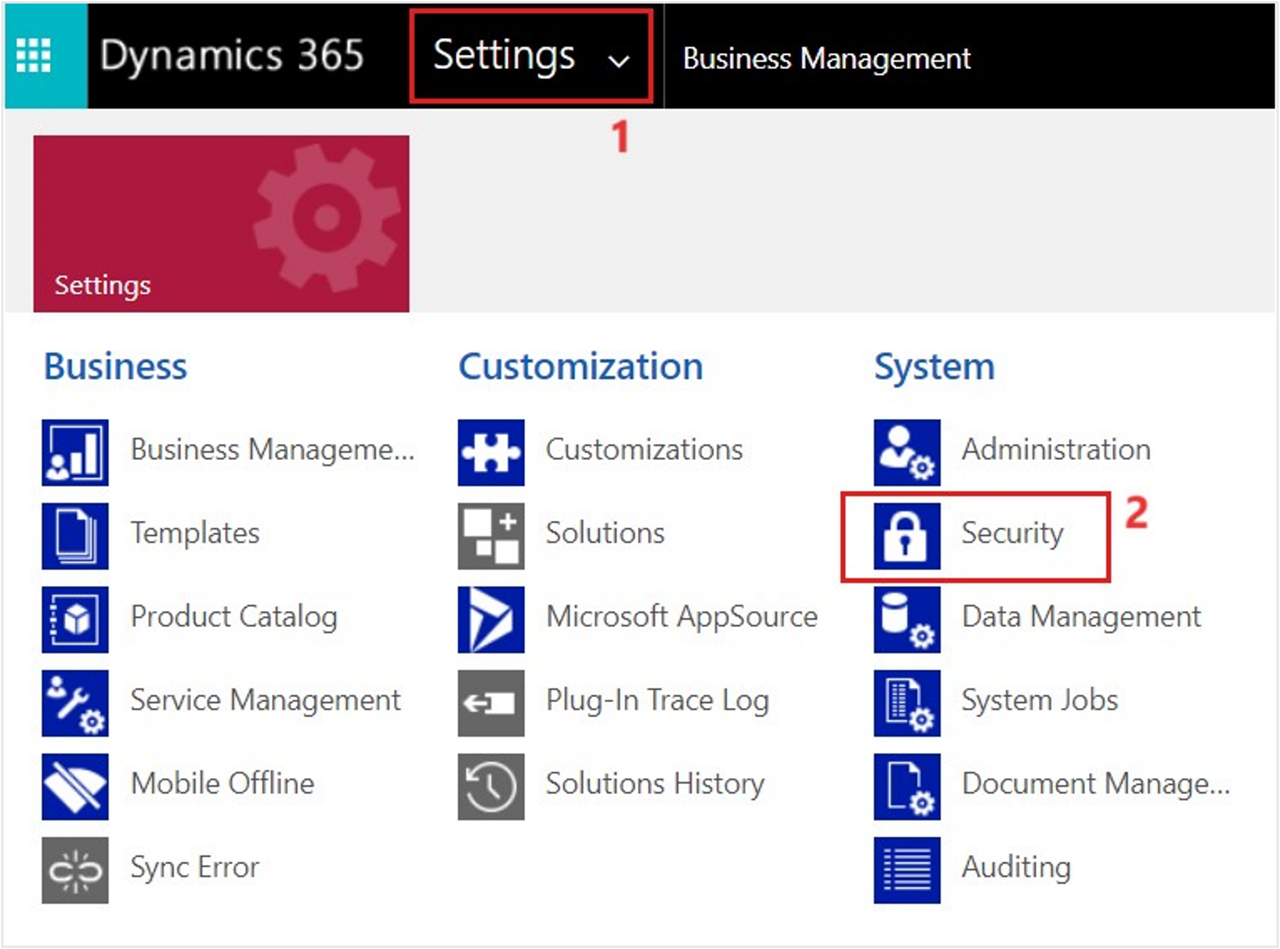 Screenshot of the Business Management Settings page with the Security option highlighted in the System menu.