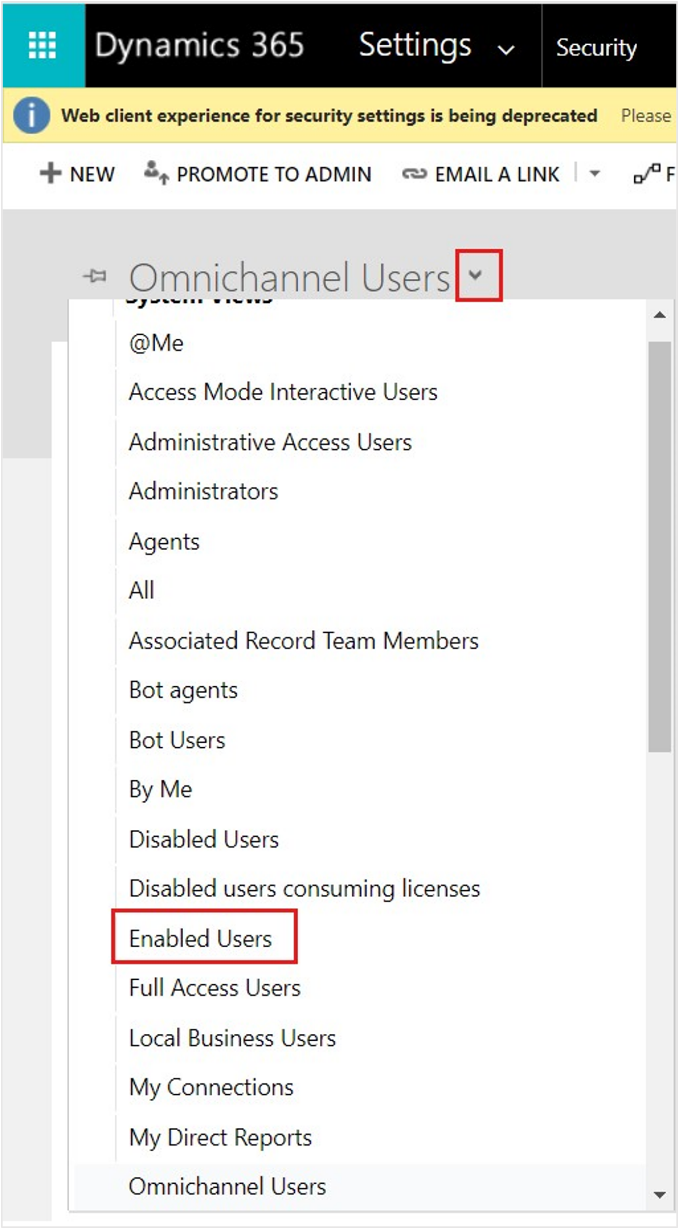 Screenshot of the Omnichannel Users menu with the Enabled Users option highlighted.