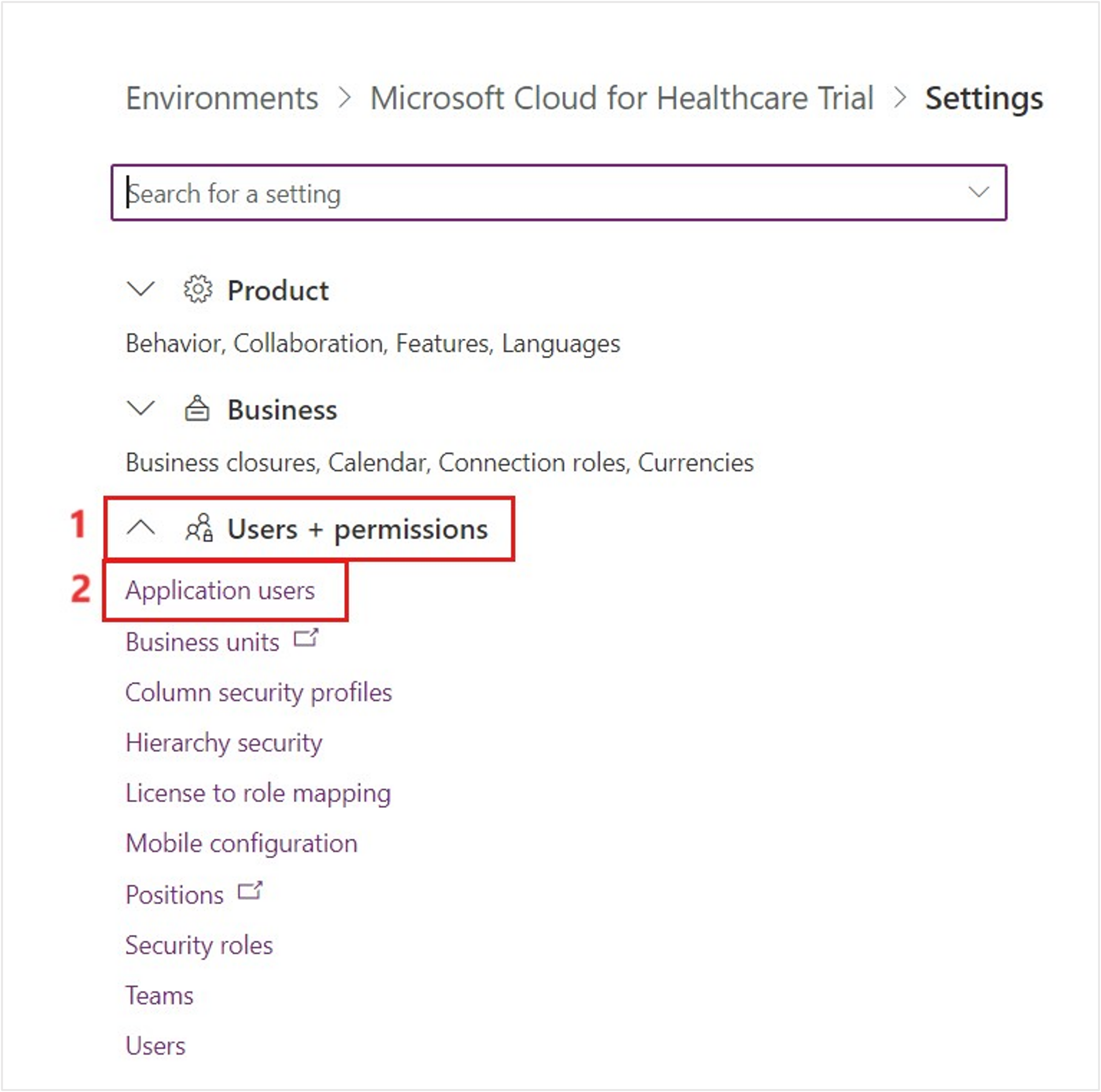 Screenshot of the Users and permissions dropdown menu with the Application users option selected.