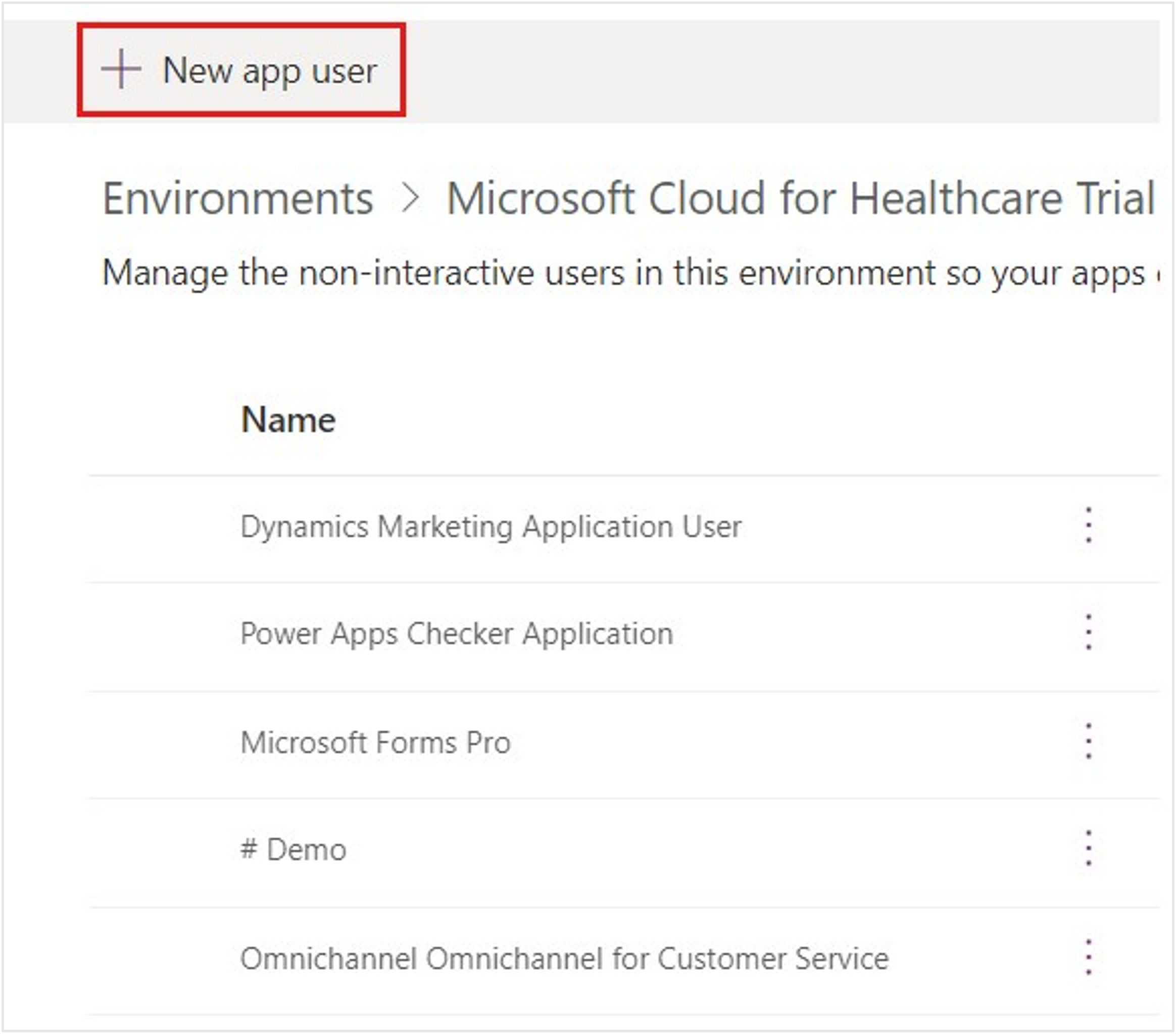 Screenshot of the New app user button.