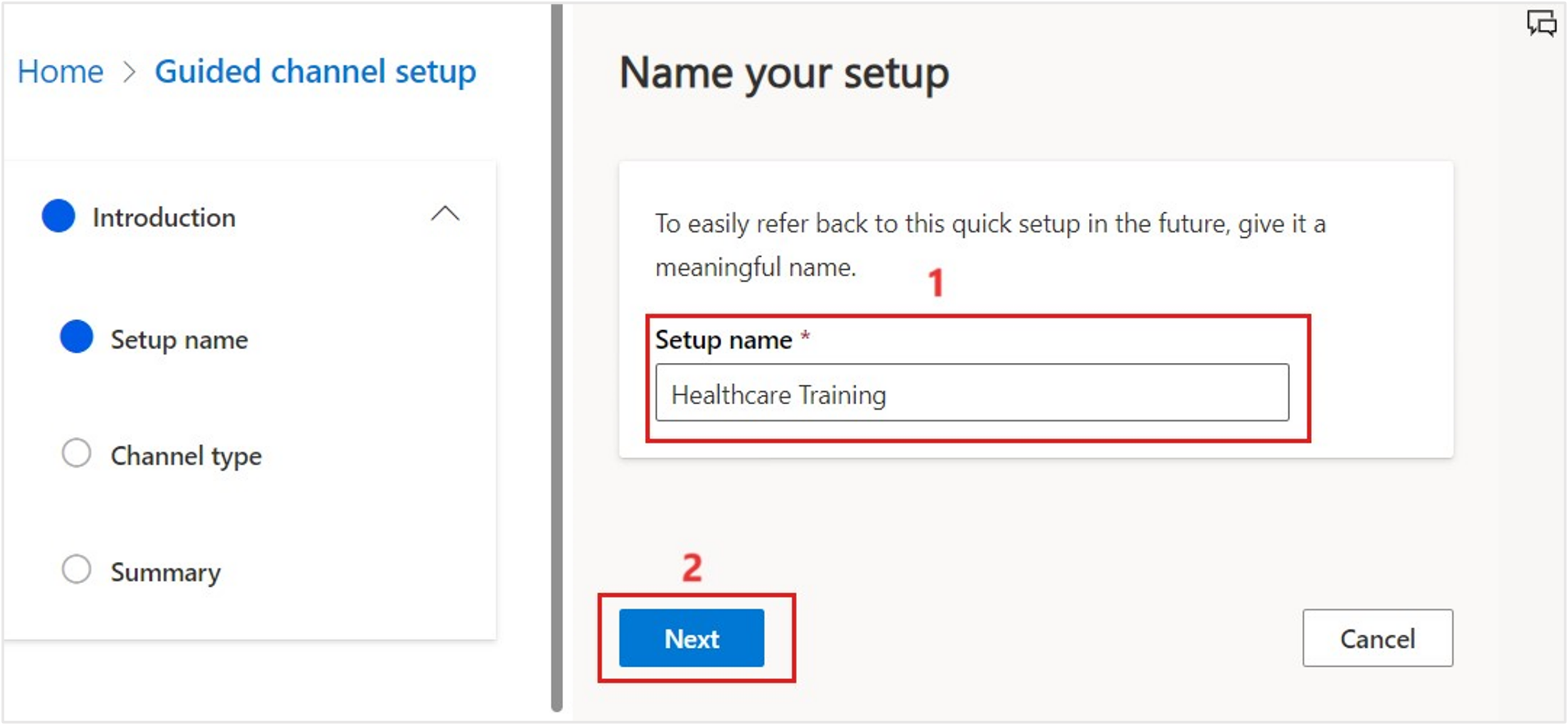 Screenshot of the Name your setup page, showing the name entered in the Setup name field.