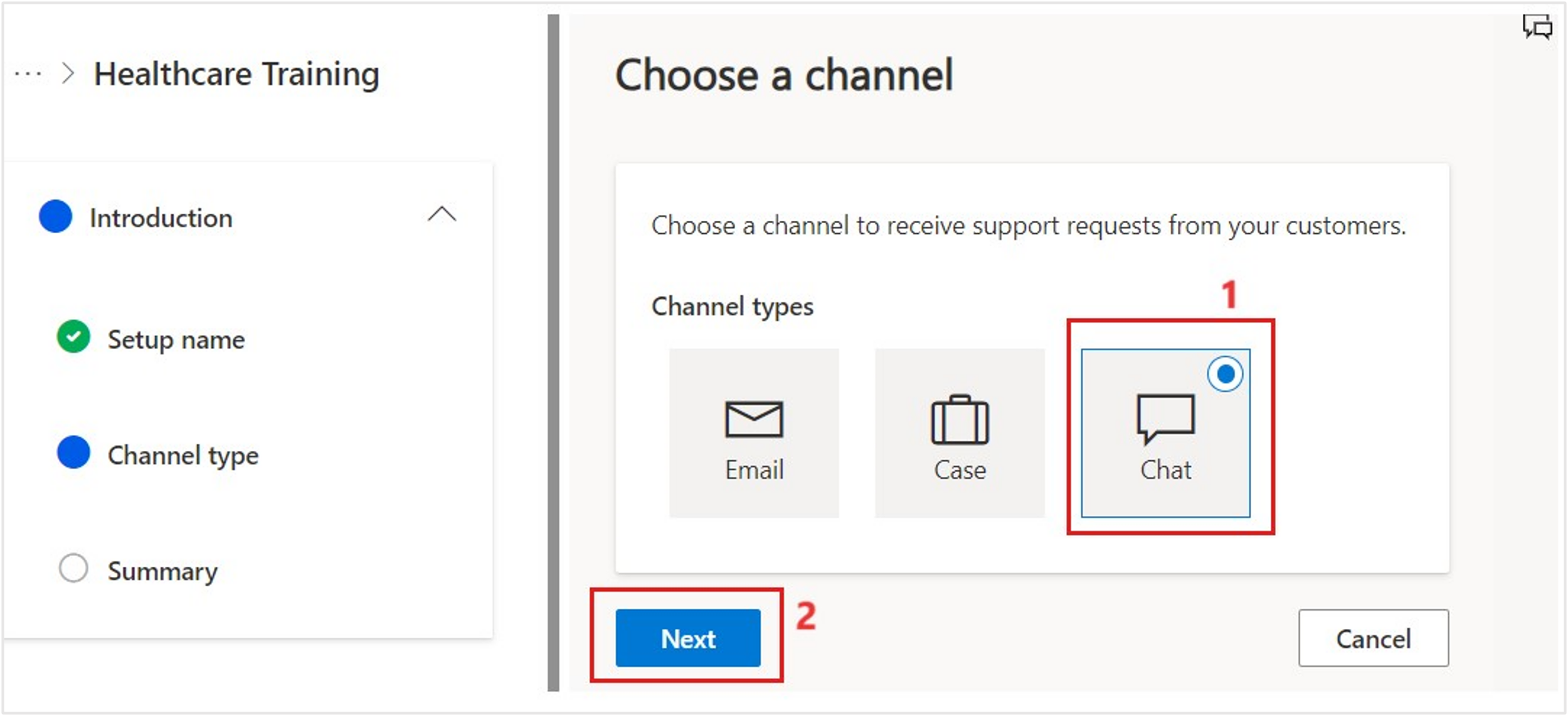 Screenshot of the Chat category selected for the channel type.