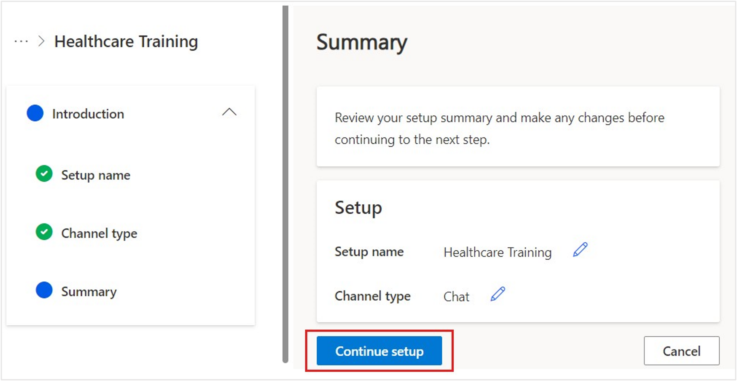 Screenshot of the Summary page for the channel setup.