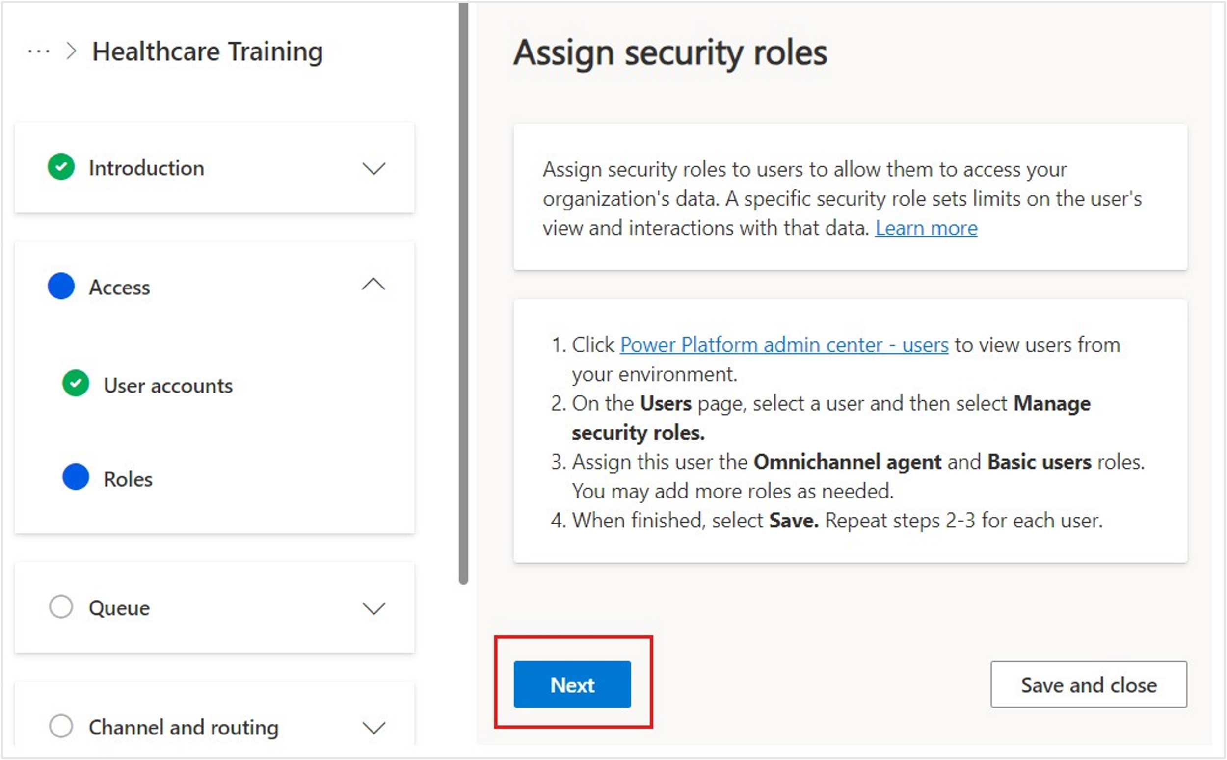Screenshot of information about assigning security roles.