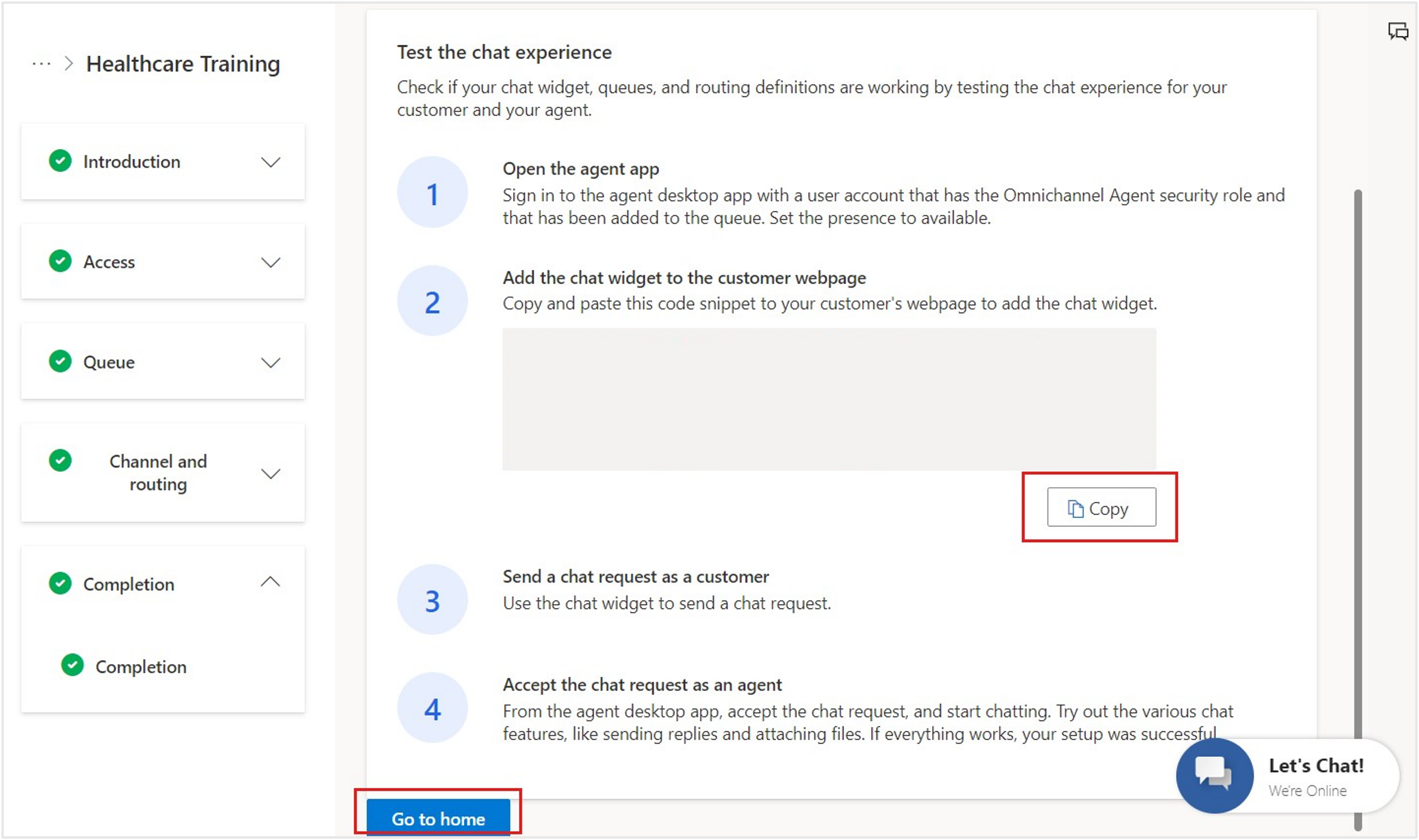Screenshot of the Chat setup complete dialog, showing the Copy button to copy the chat widget snippet code.