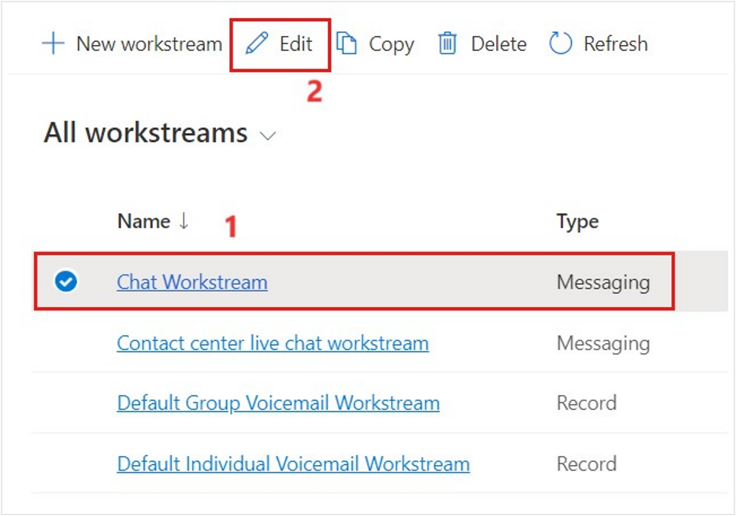Screenshot of the Chat Workstream option in the All workstreams subgrid.