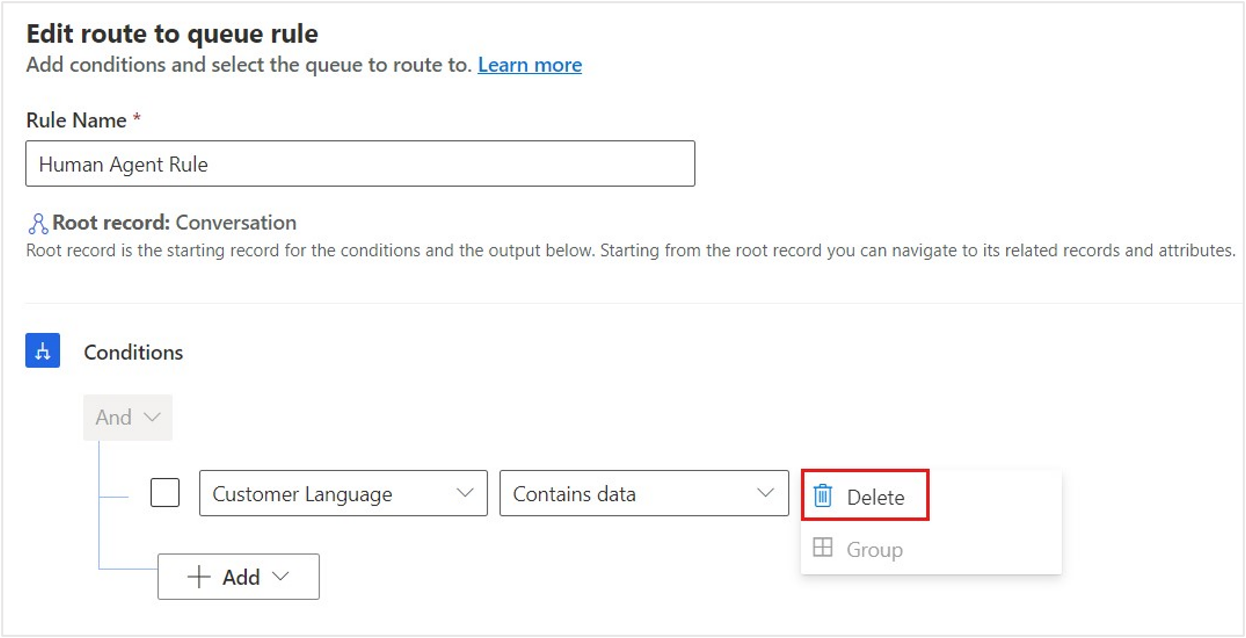 Screenshot of the Edit route to queue rule wizard.