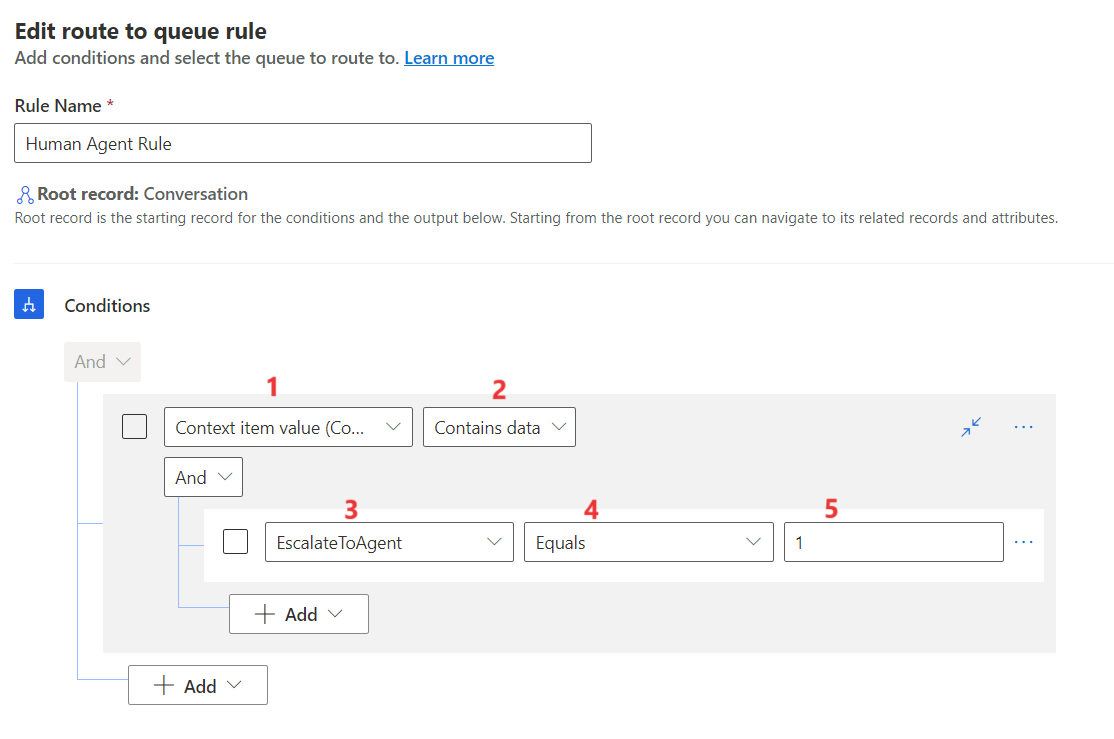 Screenshot of the Edit route to queue rule wizard with the condition populated.