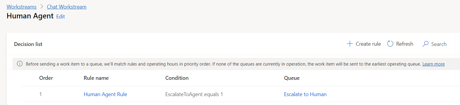 Screenshot of Human Agent Rule in the Human Agent ruleset in the Chat Workstream.