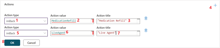 Screenshot of the Actions screen with Medication Refill and Live Agent actions included.
