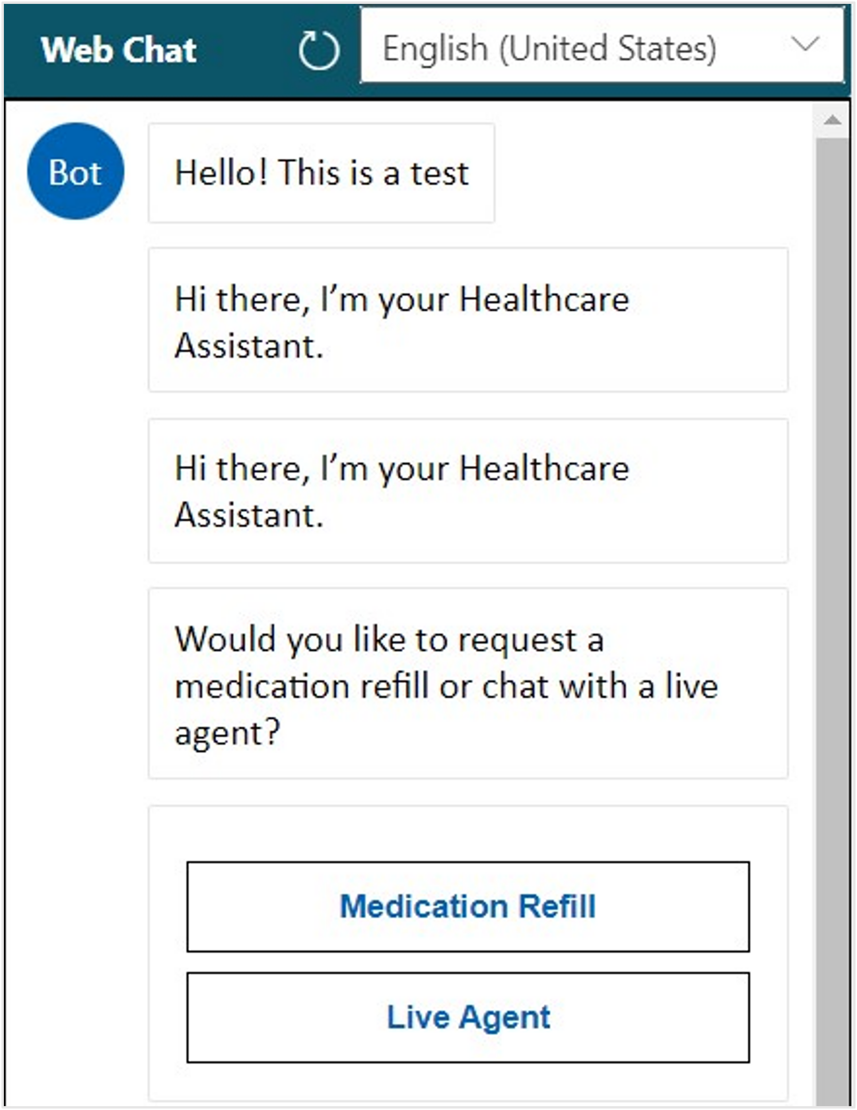 Screenshot of the Web Chat bot window with Medication Refill or Live Agent options.