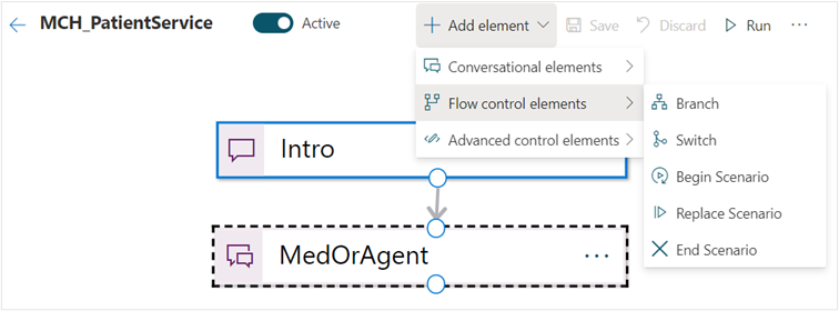 Screenshot of the Flow control elements and Branch options highlighted.