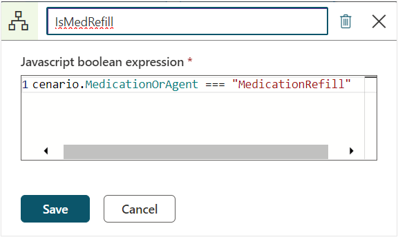 Screenshot of the Medication or Agent JavaScript Boolean expression box populated and the Save button.